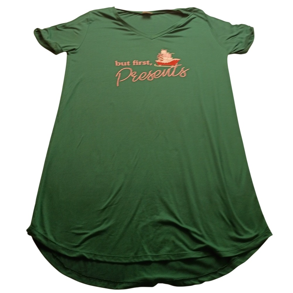 Hello Mello Green Christmas Sleep Shirt But First Presents V-Neck Short Sleeve